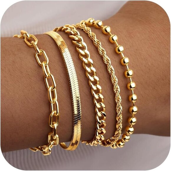 Gold-Style 01 Stack With Cuban Paperclip, Rope Bracelets Jewelry Gifts for Women - Picture 1 of 9